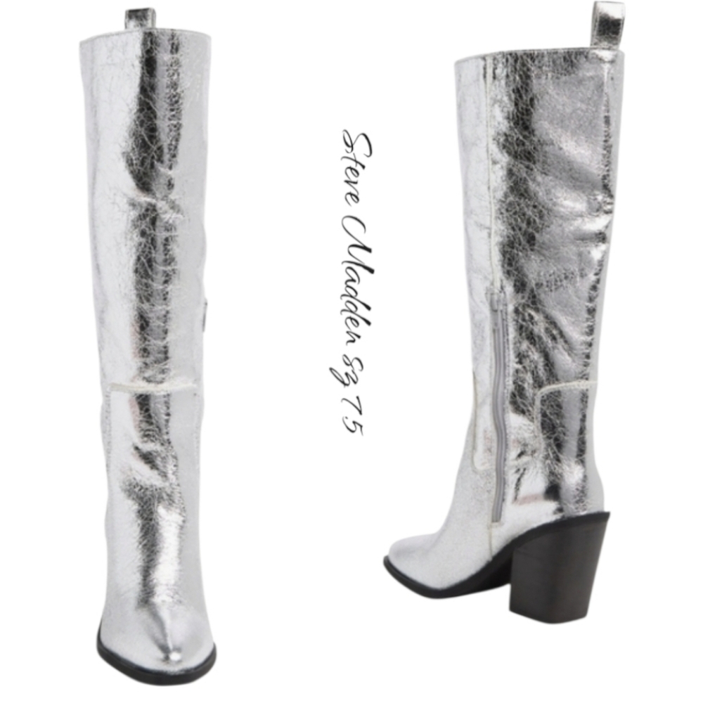 Steve Madden Seven Silver Metallic Leather Knee High Boots 7.5